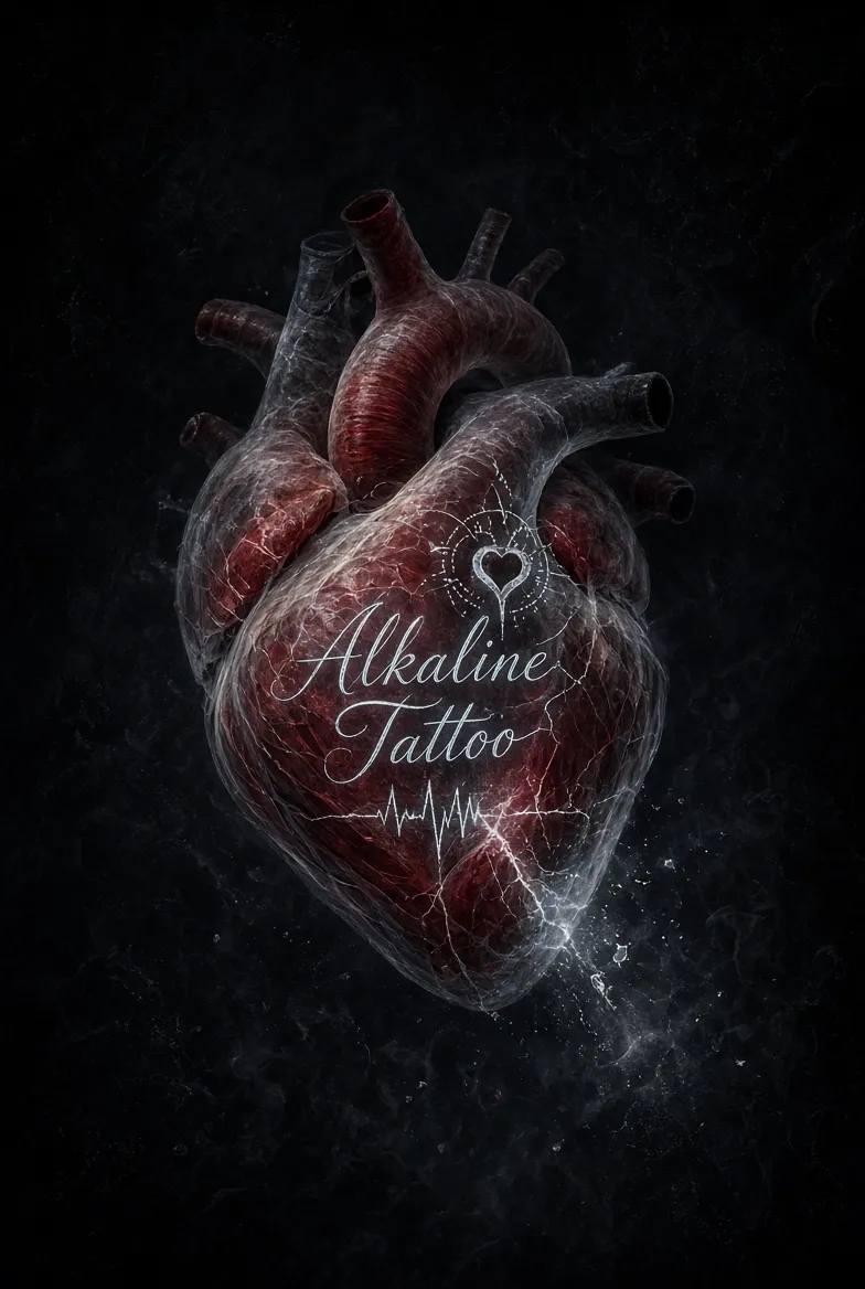 An anatomical heart drawn in light, Alkaline Tattoo written across it