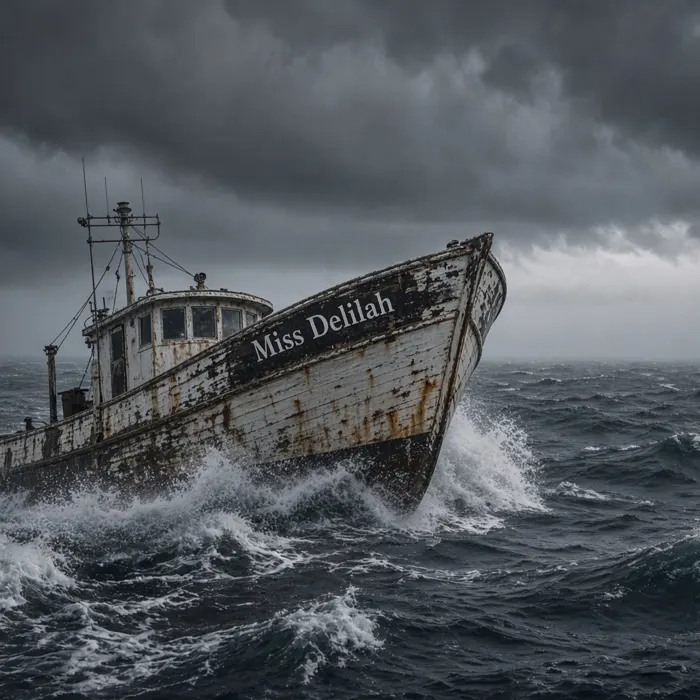 Lost at Sea, Miss Delilah cover art: a fishing boat in a storm